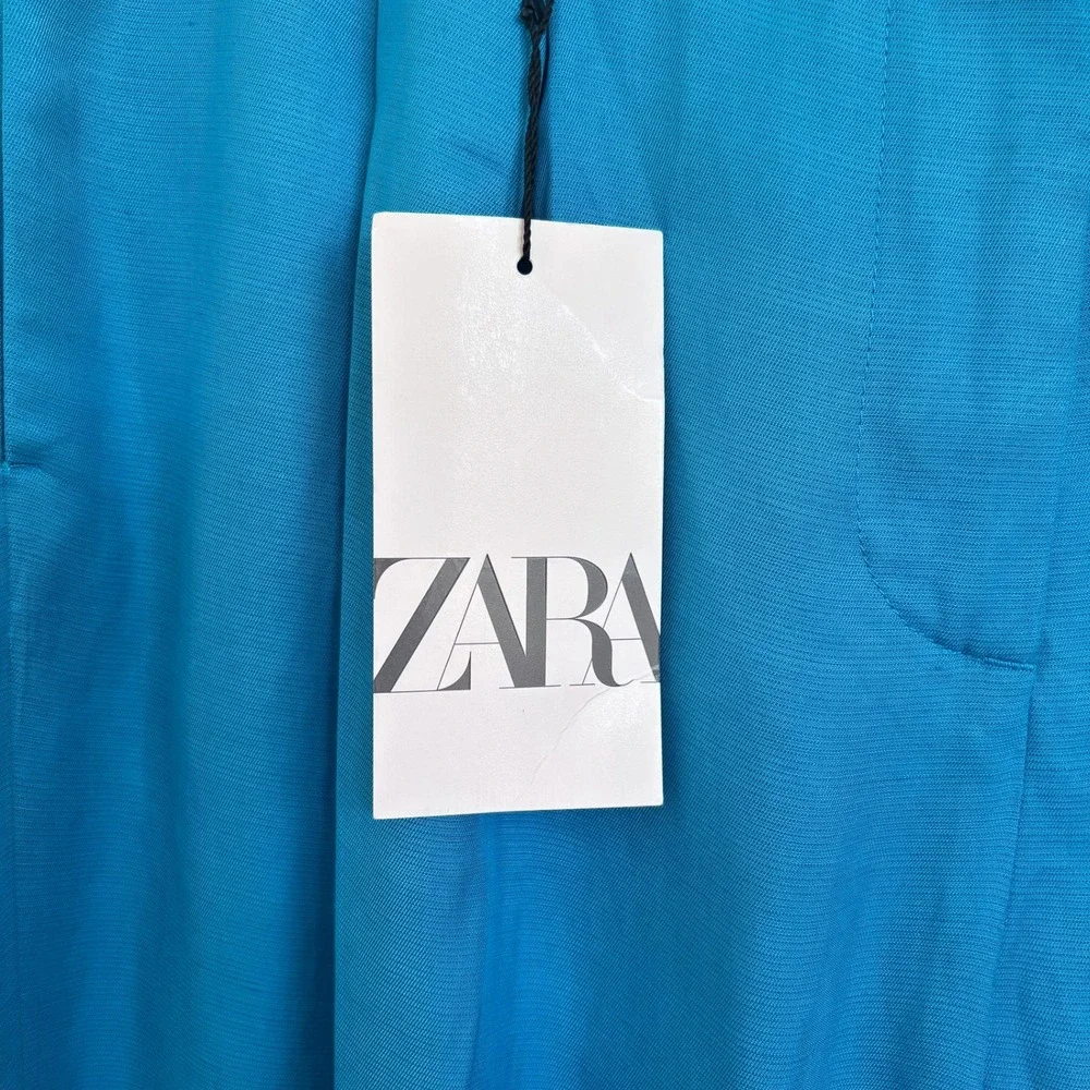 Zara Womens Wide Leg Flowy Linen Blend Pants Size S Aqua Blue‎ High Rise Pleated